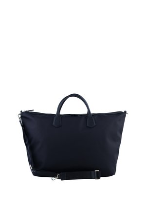 Grand sac polochon noir avec poignées courtes, bandoulière amovible et fermeture éclair sur le dessus.