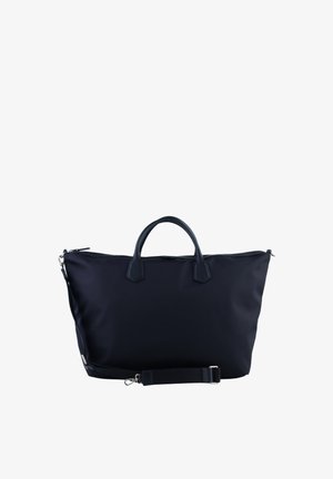 Grand sac polochon noir avec poignées courtes, bandoulière amovible et fermeture éclair sur le dessus.