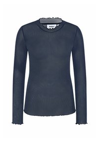Marinblus med långa ärmar i genomskinligt tyg, med rynkad krage och fåll. Enkel design med figurnära silhuett och mjuk textur.