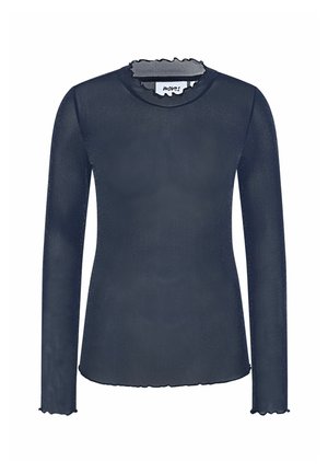 Námornícky modrý top s dlhým rukávom vyrobený z priesvitného materiálu, so zladeným volánom na krku a leme. Jednoduchý dizajn s priliehavým strihom a jemnou textúrou.