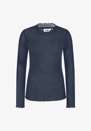 Granatowa bluzka z długim rękawem wykonana z przejrzystego materiału, z falbaniastym dekoltem i dołem. Prosty fason z dopasowanym krojem i miękką teksturą.