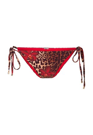 Parte inferior de bikini de estampado de leopardo con lazos laterales rojos, que presenta acentos florales y detalles en dorado. Textura lisa y diseño ajustado.