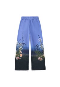 Pantalons larges bleu clair avec un motif floral noir au bas. Présentent une coupe décontractée et une taille élastique pour le confort.