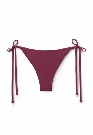 Bordeauxfarbene Bikini-Unterteile mit minimaler Abdeckung, ausgestattet mit verstellbaren Bindebändern an beiden Seiten und einem glatten, elastischen Stoff. 