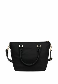 Borsa a tracolla nera realizzata in tessuto resistente, caratterizzata da accessori in tonalità oro, manici doppi e una tracolla regolabile. Chiusura a zip superiore.