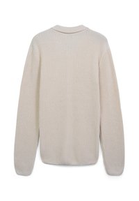 Cream-colored knitted sweater, features a ribbed texture, round neckline, and long sleeves with a relaxed fit. Rear view shows clean design.