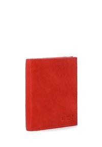 Rotes Lederportemonnaie mit glatter Textur, Bifold-Design und dezenten Steppnähten. Mit eingeprägtem Logo an der Seite.