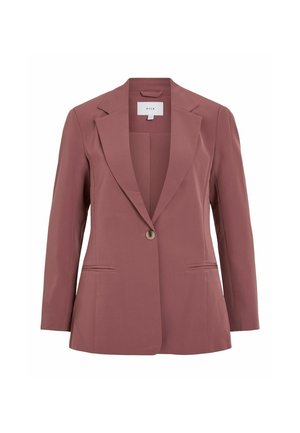 Rožinės spalvos švarkas su vienu mygtuku, įpjautais apykaklės kraštais, dviem priekinėm kišenėm ir lygiu, šiek tiek struktūruotu audiniu.