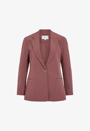 Blazer rose avec une fermeture à un bouton, des revers crantés, deux poches avant et un tissu lisse, légèrement structuré.