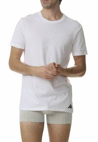 Biała bawełniana koszulka z okrągłym dekoltem, krótkimi rękawami i czarnym logo Adidasa na dolnym lewym rogu. Widoczne są również szare slipy.