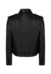 Schwarze Lederjacke mit tailliertem Schnitt, auffälligen Schulterepauletten und klaren Nahtdetails. Verfügt über Druckknöpfe an den Ärmeln.