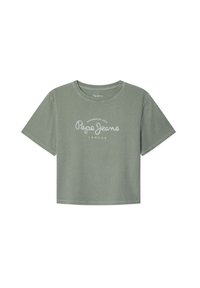 Olīvu zaļa kokvilnas t-krekls ar īsām piedurknēm un īsu griezumu, ar balto "Pepe Jeans London" logo izsistē pāri priekšai. Gluda tekstūra.