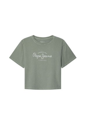 T-shirt cropped à manches courtes en coton vert olive, avec le logo blanc "Pepe Jeans London" en cursive sur le devant. Texture lisse.
