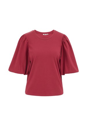 Blouse rouge foncé à manches courtes bouffantes avec un col rond, présentée sur un fond blanc uni.