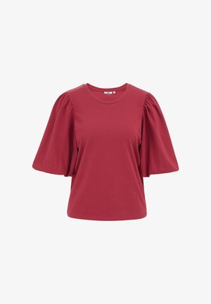 Temno rdeča bluza z raglani kratkimi rokavi in zaobljenim izrezom, prikazana na belem ozadju.