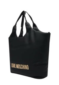 Borsa tote nera in materiale liscio con due manici corti. Presenta la scritta "LOVE MOSCHINO" in lettere dorate sul davanti. Forma rettangolare semplice.