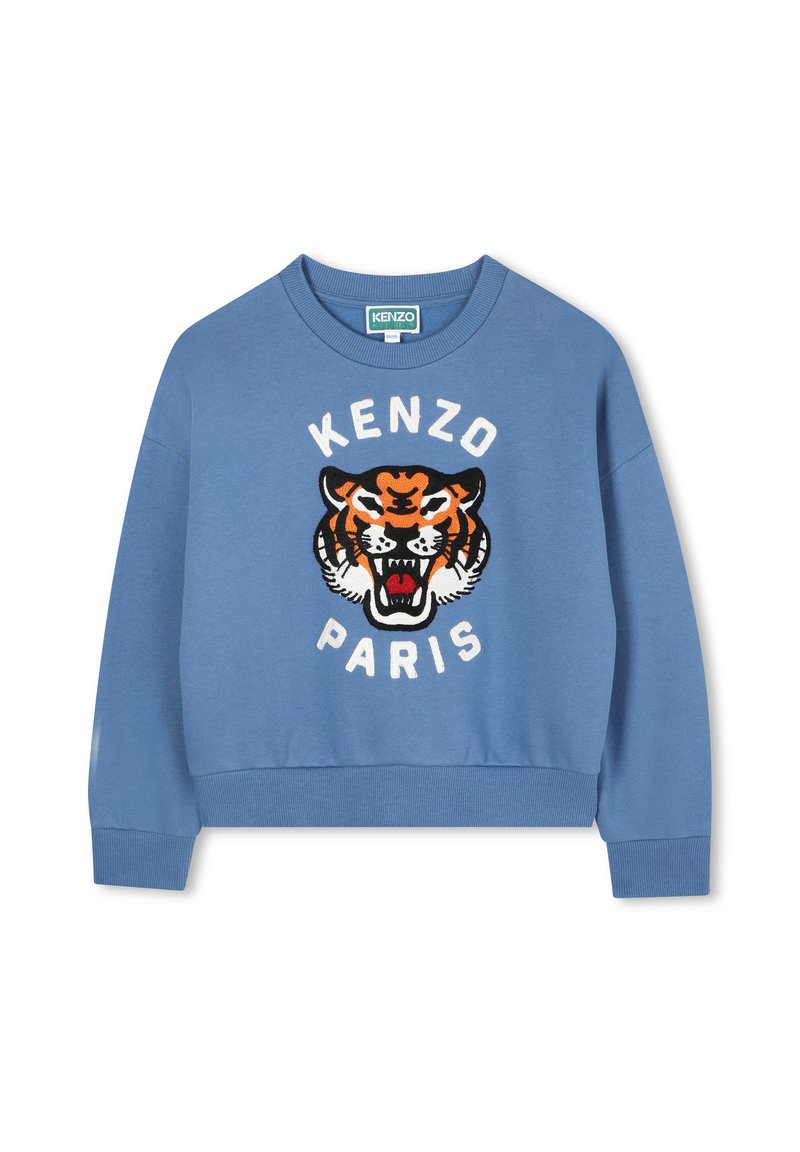 Sweatshirt bleu avec un motif de tigre brodé, texte "KENZO" et "PARIS" en blanc. Poignets et ourlet côtelés ; texture de tissu douce.