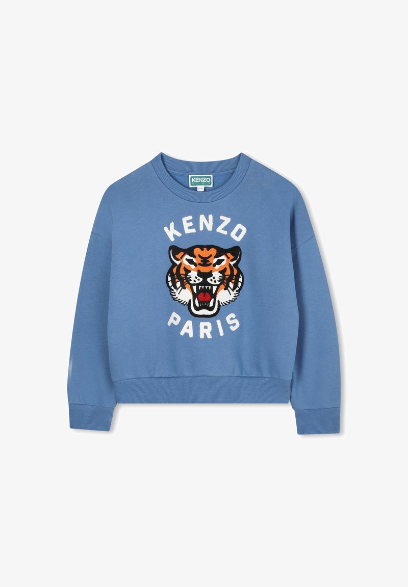 Sweatshirt bleu avec un motif de tigre brodé, texte "KENZO" et "PARIS" en blanc. Poignets et ourlet côtelés ; texture de tissu douce.