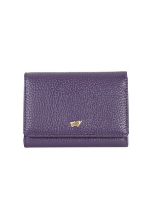 Portafoglio in pelle viola testurizzata con un piccolo logo dorato a forma di animale sulla patta frontale, design semplice e compatto.