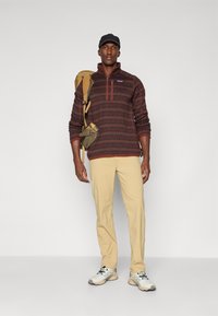 Brown and red patterned pullover, zip neck, tan pants, and gray sneakers. Holds a green bag, features a cap. Simple, functional outdoor attire.