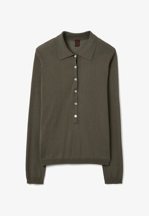 Langermige polo shirt in olijfgroen, gemaakt van lichtgewicht breiwerk, met een klassieke kraag en zes witte knopen.