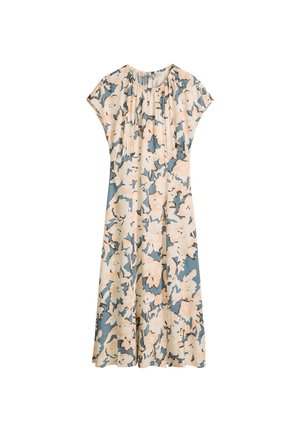 Midi-Blumenkleid mit kurzen Ärmeln, rundem gerafftem Ausschnitt und einem beigen und blauen abstrakten Blumenmuster.