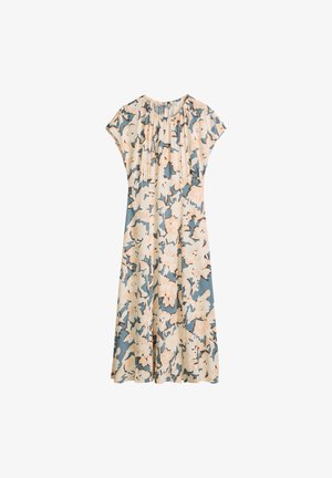 Midi floral dress with short sleeves, round gathered neckline, and a beige and blue abstract flower pattern.