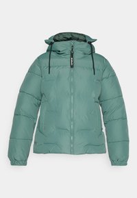 Vadderad grön jacka med huva, med en framficka, elastiska ärmslut och en slät textur. Dragskor på huvan för justerbar passform.