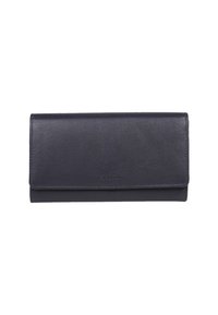 Portafoglio in pelle blu navy con chiusura a pattina, caratterizzato da una texture liscia e un design minimalista. Senza loghi o abbellimenti visibili.