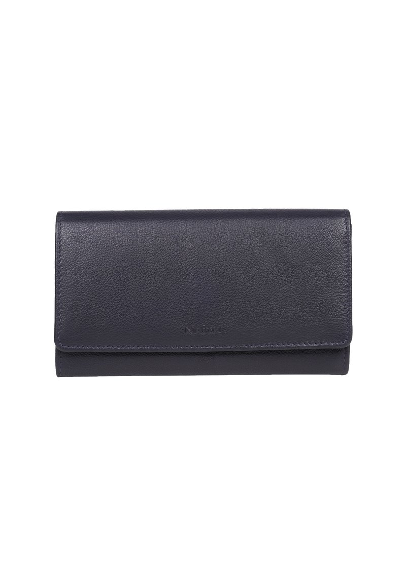 Portafoglio in pelle blu navy con chiusura a pattina, caratterizzato da una texture liscia e un design minimalista. Senza loghi o abbellimenti visibili.