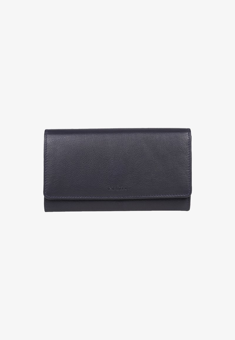 Cartera de cuero azul marino con cierre de solapa, que presenta una textura suave y un diseño minimalista. Sin logotipos ni adornos visibles.