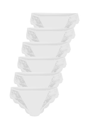 Six white women's lace underwear briefs arranged in a vertical stack on a white background.