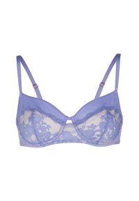 Reggiseno in pizzo lilla con coppe in rete, supporto con ferretto, spalline regolabili e delicati motivi floreali nei dettagli in pizzo.