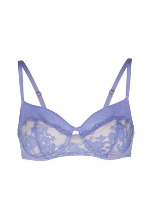 Reggiseno in pizzo lilla con coppe in rete, supporto con ferretto, spalline regolabili e delicati motivi floreali nei dettagli in pizzo.
