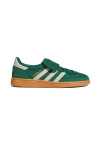 Green suede Adidas Spezial sneaker with white stripes, gum sole, Velcro strap, and gold branding on the side, shown in profile.