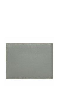 Portafoglio in pelle grigia con una texture liscia, forma rettangolare e cuciture ordinate lungo i bordi. Nessuna ferramenta o motivo visibile.