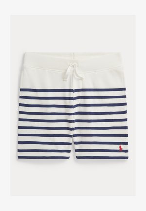 Fehér és tengerészkék csíkos fürdőnadrág, húzózsinóros derékrésszel, puha anyaggal és az elején egy kis piros logóval.