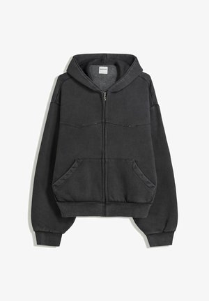 Felpa nera con zip realizzata in tessuto morbido, dotata di cappuccio foderato, tasche frontali e polsini e orlo elasticizzati. Design semplice con cuciture minime.