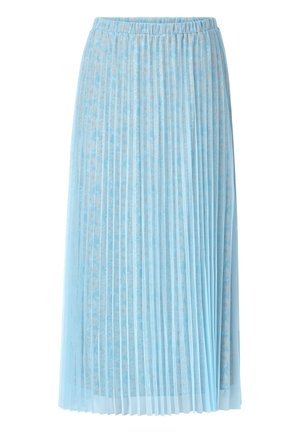 Light blue midi skirt with pleated tulle overlay and subtle floral pattern, featuring an elastic waistband.