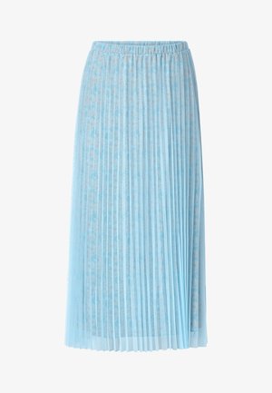 Light blue midi skirt with pleated tulle overlay and subtle floral pattern, featuring an elastic waistband.