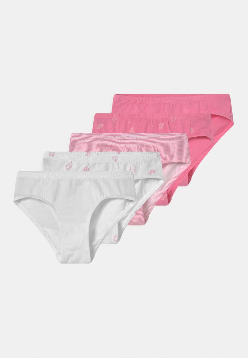 Sett med fem kvinnelige truser i hvit, lys rosa og mørk rosa. Har ensfargede farger og subtile mønstre. Laget av mykt bomullsmateriale.