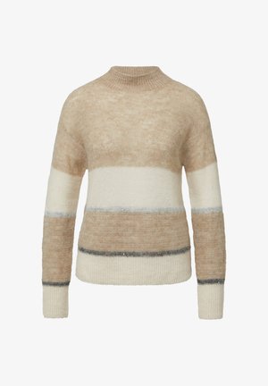 Sveter s farbami béžová a smotanová, blokovaný pletený, s rebrovaným vysokým golierom, dlhými rukávmi a jemnými šedými pruhmi na páse a manžetách.