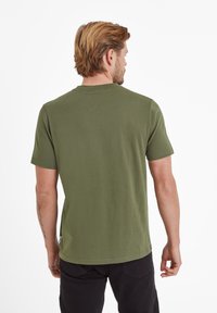Olive green short-sleeve t-shirt in a smooth cotton blend with a crew neck. Features a straight hem and minimalistic design.