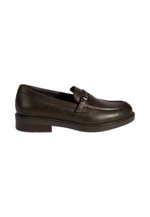 Braune Lederloafer mit glatter Oberfläche, abgerundeter Spitze, dekorativem Riemen und niedrigem Absatz für zusätzlichen Halt. Klassisches Design, geeignet für formelle Anlässe.