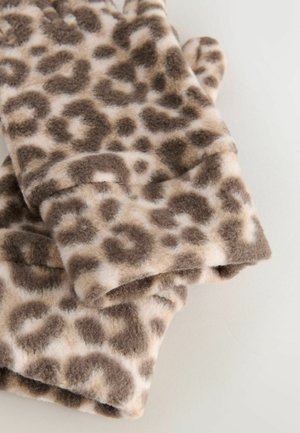 Leopardmönstrade handskar gjorda av mjukt, fluffigt tyg i beige och bruna nyanser; har runda toppar och en vikbar manschettdesign.
