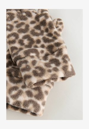 Leopardų rašto pirštinės, pagamintos iš minkštos, pūkuotos medžiagos, rudos ir smėlio atspalvių; su apvaliais galiukais ir nulenkiamu rankovės dizainu.