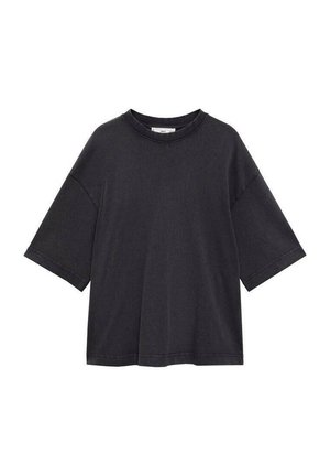 Czarny, oversize t-shirt z okrągłym dekoltem, krótkimi rękawami i miękkim, lekkim materiałem. Prosty wzór z minimalnymi detalami szwów.