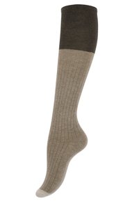 Calze fino al ginocchio con una parte superiore verde scuro e una sezione inferiore rigata di color marrone chiaro, caratterizzate da una texture liscia e una punta rinforzata.