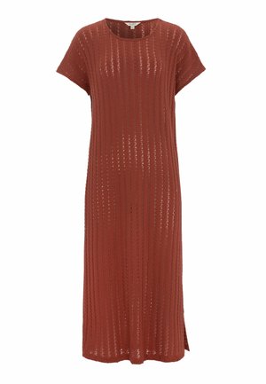 Strickkleid in Rostfarbe mit kurzen Ärmeln, rundem Ausschnitt, vertikalem offenem Strickmuster und Seitenschlitz am Saum.