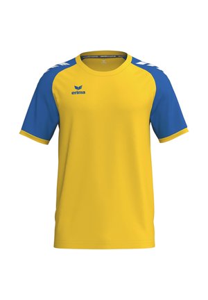 Maglia sportiva gialla con maniche blu, rifiniture gialle, logo Erima sul petto sinistro e strisce bianche a forma di chevron sulle spalle.